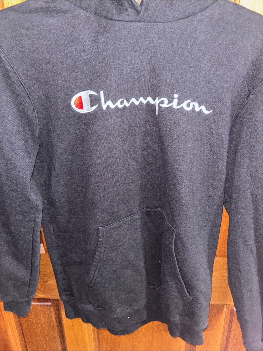 Champion Black Crewneck Sweatshirt with White Script and Red Logo